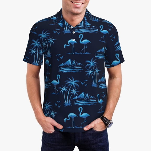 Kdxio BLUE Flamingo Birds Print Men's Short Sleeve Polo Shirt,Midweight Men's Shirt