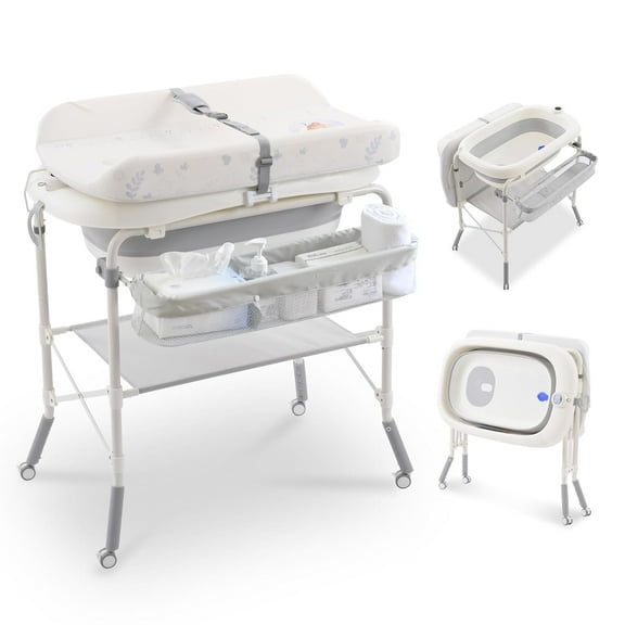 2-in-1 Baby Changing Table with Bathtub, Akaber Newborn Foldable Portable Diaper Station, Adjustable Height with Wheels, Waterproof Pad, Storage Rack