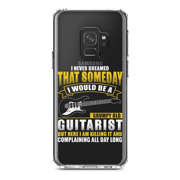 DistinctInk Clear Shockproof Hybrid Case for Samsung Galaxy S9 (5.8" Screen) - TPU Bumper Acrylic Back Tempered Glass Screen Protector - Never Dreamed I'd Be Grumpy Old Guitarist