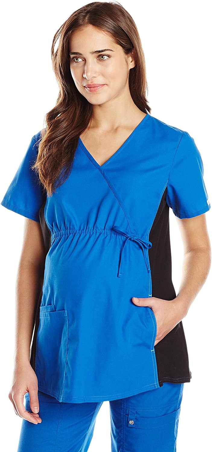 CHEROKEE Women's Maternity Mock Wrap Scrubs Shirt, Royal Blue, Large