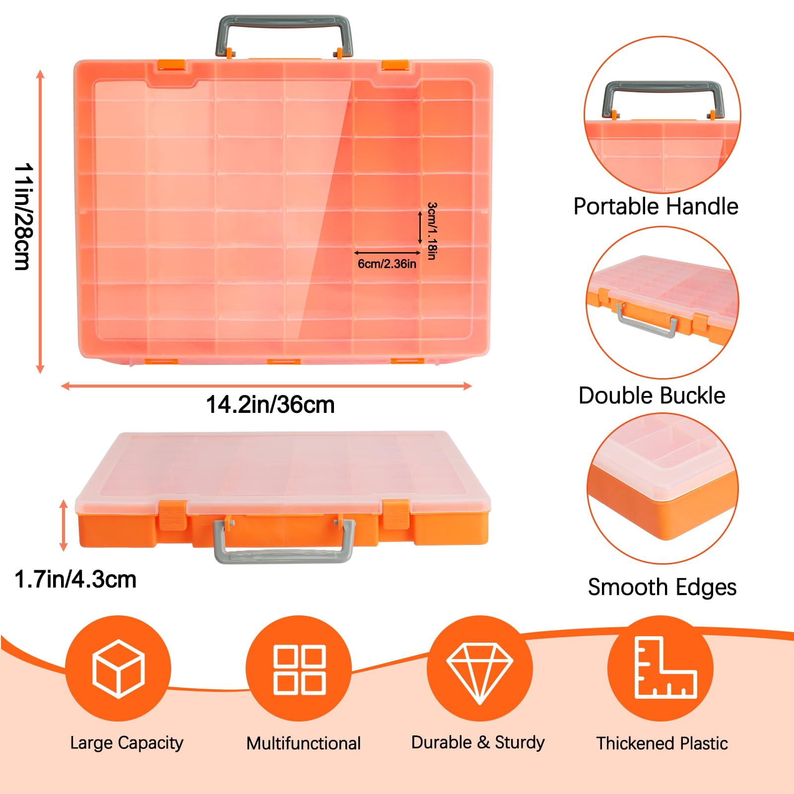 2 Pack 48 Grids Large Plastic Organizer Box With Adjustable Dividers  Beads Storage Containers Compartment Tackle Case For Crafts Hobby Small Parts Fishing Seeds (orange)