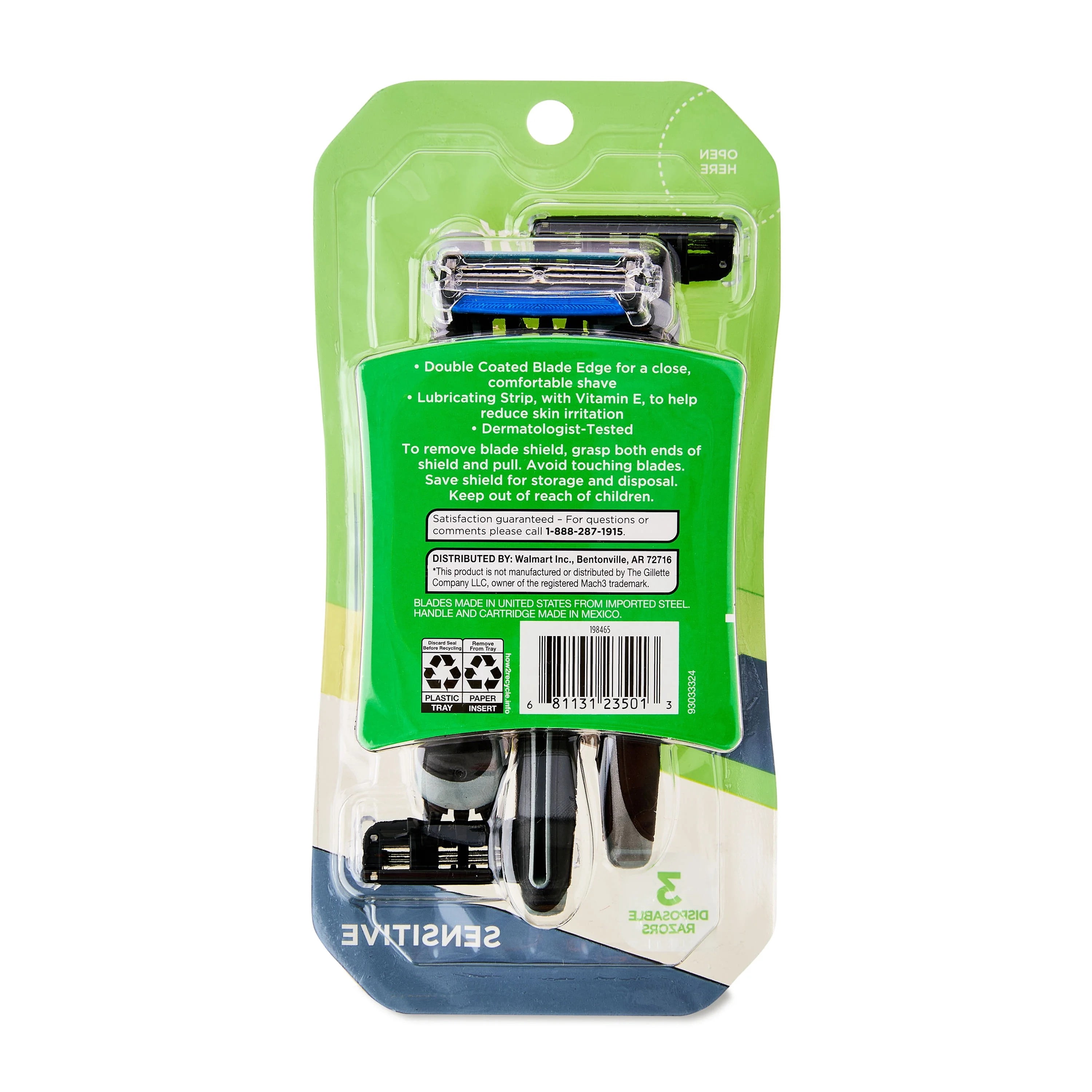 Equate Men's 3-Blade Sensitive Disposable Razors, Black, 3 Count
