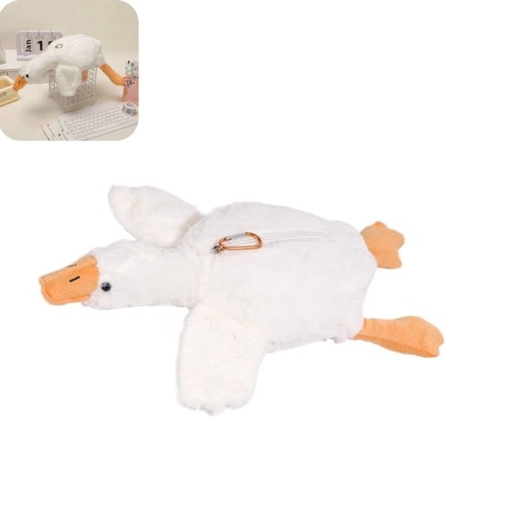 Cute White Goose Plush Pencil Case, Cartoon Animal Shaped Plush Stationery Storage Bag for Students School Supplies White_001