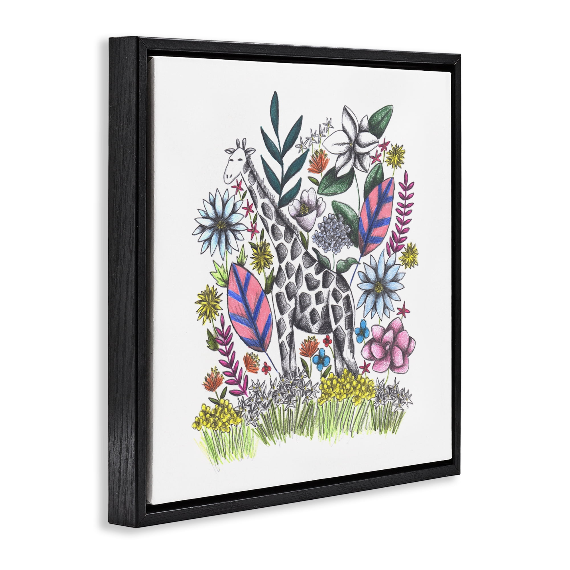 Giraffe in Midst of Flowers Black Framed Floater Canvas Wall Art, design by Cecilia Battaini