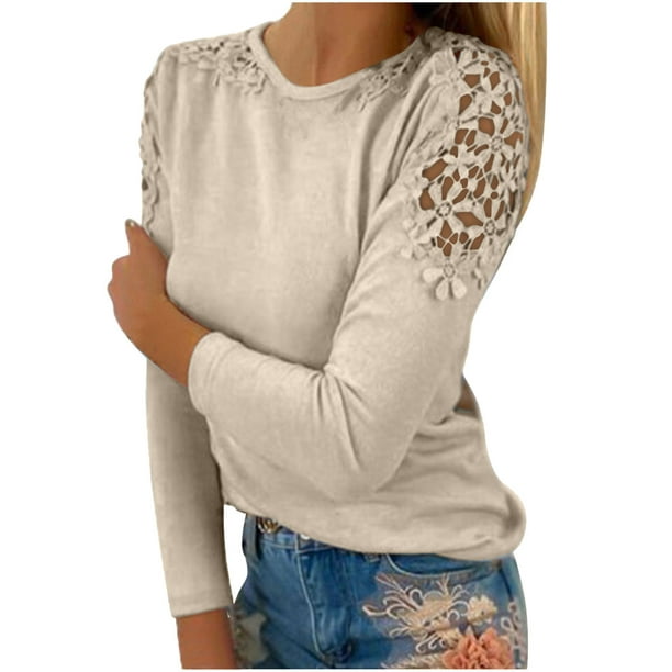 IROINID Reduced Ladies Long Sleeve T Shirts Lounge Solid Round Neck Lace  Hollow Out Pullover Slimming Blouse T-shirt Tops,Khaki