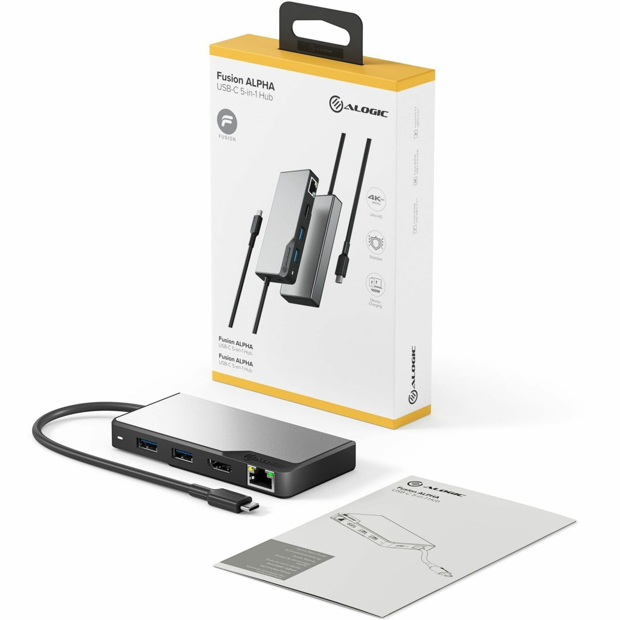 ALOGIC USB-C Fusion ALPHA 5-in-1 Hub - 1 x HDMI 4K@60Hz, 2 x USB-A (USB 3.0), 1 x Gigabit Ethernet, 1 x USB-C (Data & PD) - Space Grey