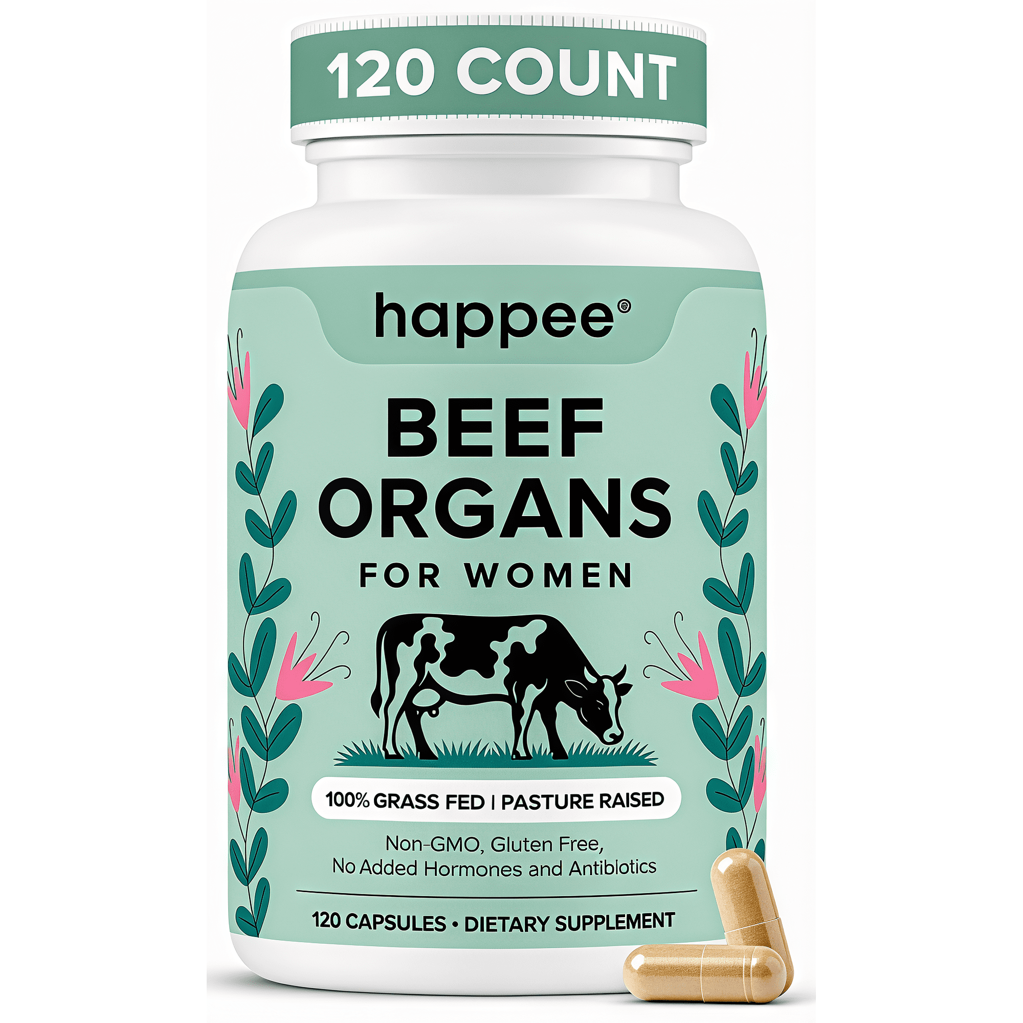 Happee Beef Organ Supplement for Women | Grass-Fed Liver, Heart, Kidney, Ovary & Uterus Blend | 120 Caps