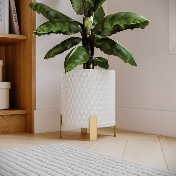 Honeycomb Metal Planter Pot With 4-Leg Gold Metal Base - White - 14"H x 13"W