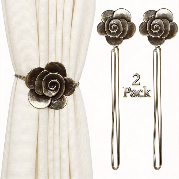 Magnetic Flower Curtain Tiebacks, 2-Pack Decorative Resin Floral Drapery Holdbacks with Rope, Vintage Bronze Retro Window Curtain Buckle Holders for Home, Cafe & Outdoor Balcony 1 Pair