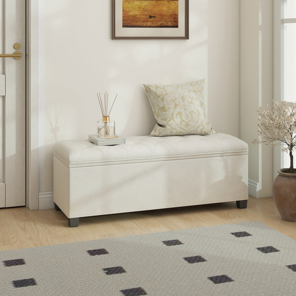LEDREM 43-Inch Velvet Storage Ottoman Bench with Removable Cover, 660LB Capacity Multi-Functional Footrest for Living Room & Bedroom, Cream White