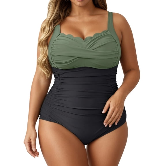 TrendOFT Plus Size Swimsuit for Women Backless Tummy Control One Piece Tankini Bathing Suit Color Block Beach Pool Ruched Swimwear Army Green L