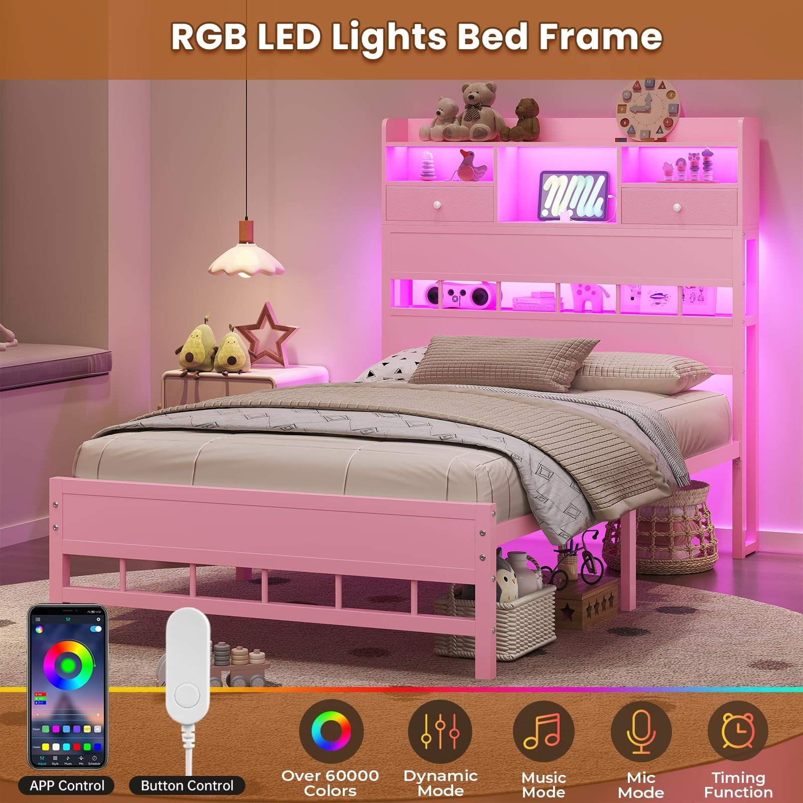 Afuhokles Twin Size Platform Bed Frame with Storage Headboard and Charging Station, Pink