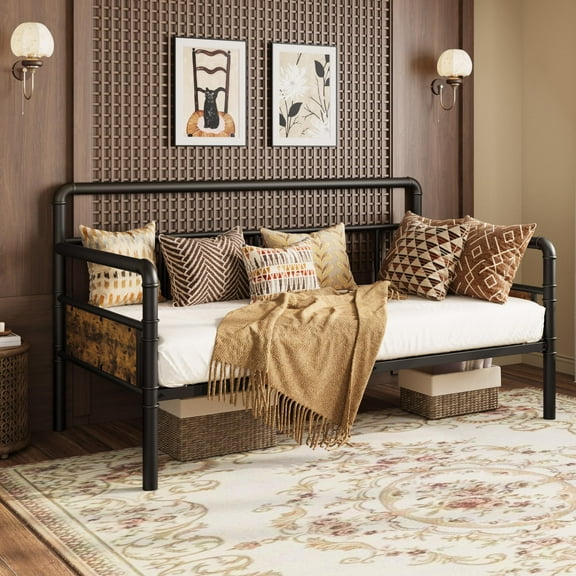 Huisuilinss Metal Daybed Frame,Twin Daybed Frame,Twin Size Metal Platform Sofa Bed With Headboard,Steel Slats Support,No Boxing Spring Needed For Living Room Bedroom Guest Room,Without Trundle