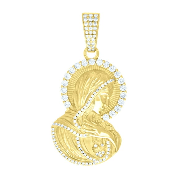 925 Sterling Silver Yellow-tone Mens Cubic-Zirconia Guadalupe/Mother Marry Religious Charm Pendant