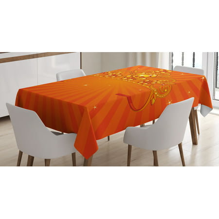 Queen Tablecloth, Fancy Halloween Princess Crown with Little Skull Daisies on Radial Orange Backdrop Stars, Rectangular Table Cover for Dining Room Kitchen, 52 X 70 Inches, Orange, by Ambesonne
