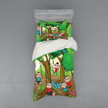 Ambesonne Cartoon Bedding Set 3 Pcs, Apes Play in Forest, Twin, Multicolor