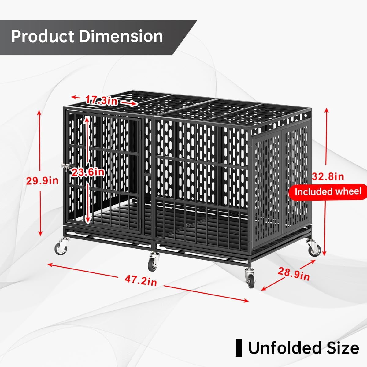 Snuowu 48Inch Heavy Duty Dog Crate with Wheels, Metal Big Dog Cage for Large and Medium Dogs, Extra Large XL XXL Indestructible Dog Crate with Removable Tray.