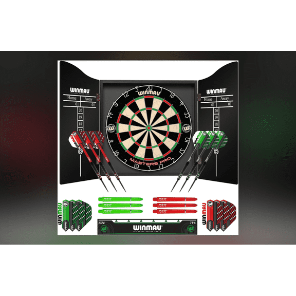 WINMAU Masters Pro Dartboard Set - Complete Cabinet Set with Steel Tip Darts, Self-Healing Sisal Board, Easy Setup for Home Play & Practice