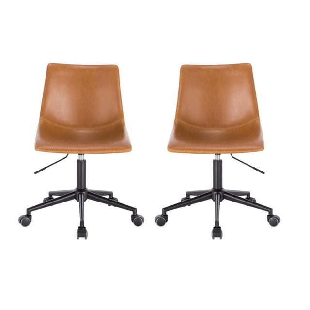 Set of two tan PU office chairs featuring mid-high backs, black metal bases with caster wheels, and an armless vintage style.