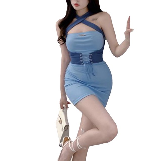 Slatcetga Vestido ajustado con cuello halter cruzado Sin mangas con lazo en la cintura Mini vestido ajustado para citas Azul Tamaño libre