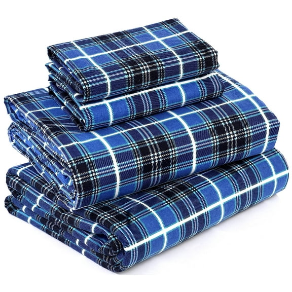 RUVANTI Flannel Sheets King Size - 100% Cotton Brushed Flannel Bed Sheet Sets - Deep Pockets 16 Inches (fits up to 18") - All Seasons Breathable & Super Soft - Warm & Cozy - 4 Pcs - Blue Plaid