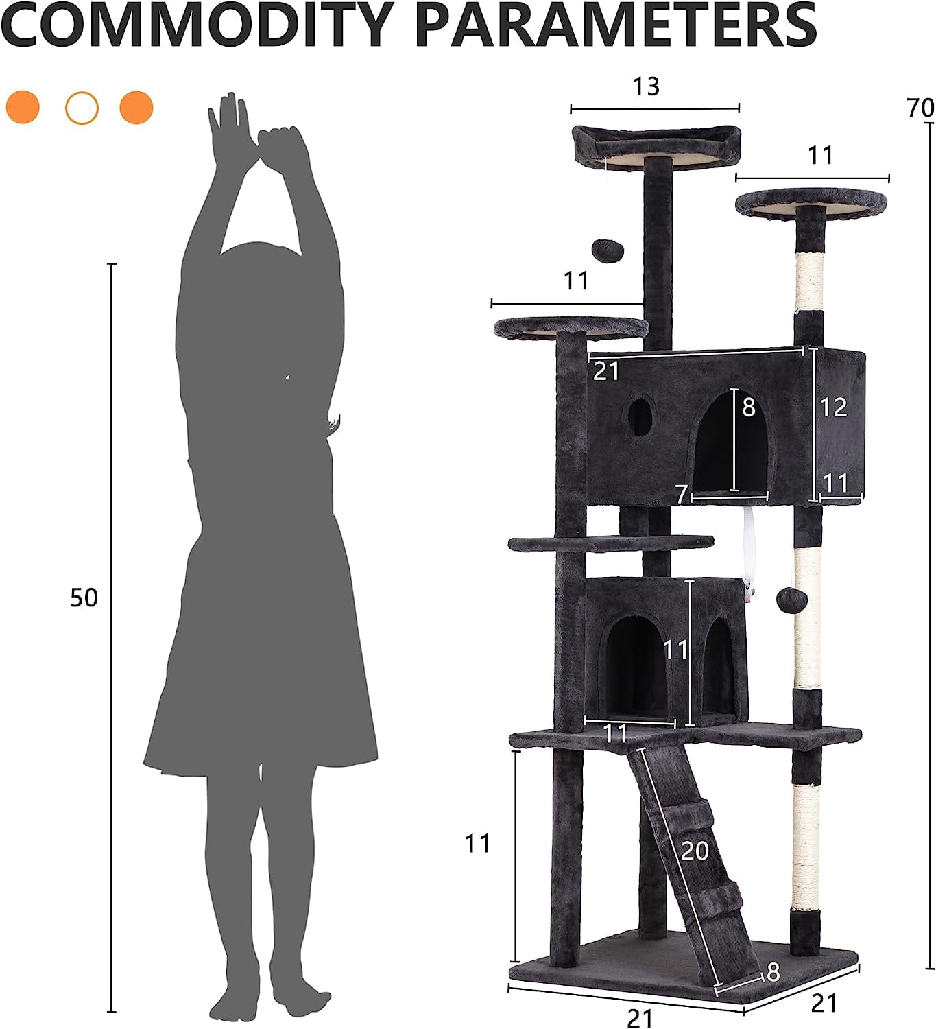 Dkelincs 70"H Large Multilevel Cat Tree, Double Condo Cat Tower with Scratching Post Tower & 3 Top Perches, Dark Gray