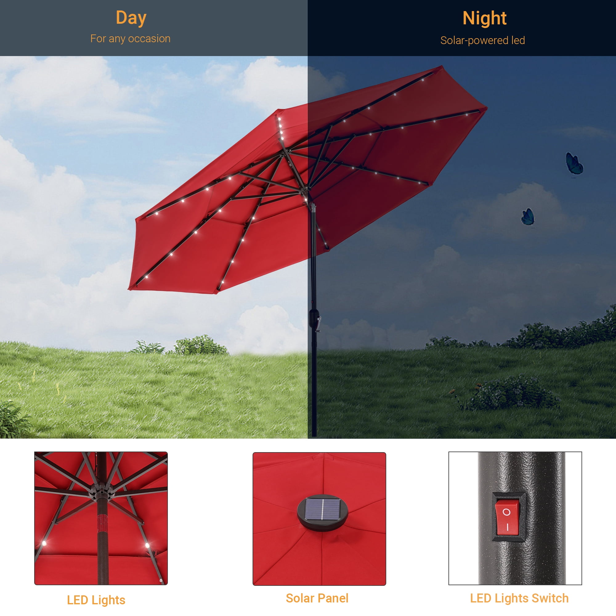 ACEGOSES 10ft LED 3 Tiers Patio Market Umbrella Outdoor with Ventilation for Garden, Deck and Pool,Red