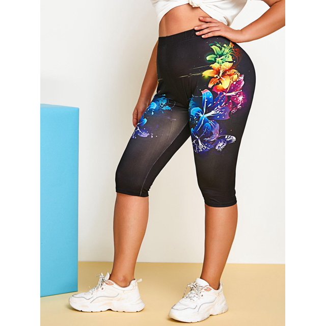 Leggings de cultivos de flor de flor de mariposa Rosegal Leggings de talla grande