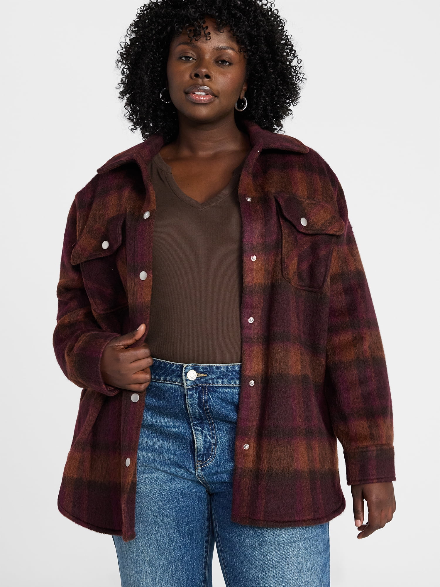 Terra & Sky Women's Plus Longline Brushed Plaid Shacket, Midweight, Sizes 0X-5X