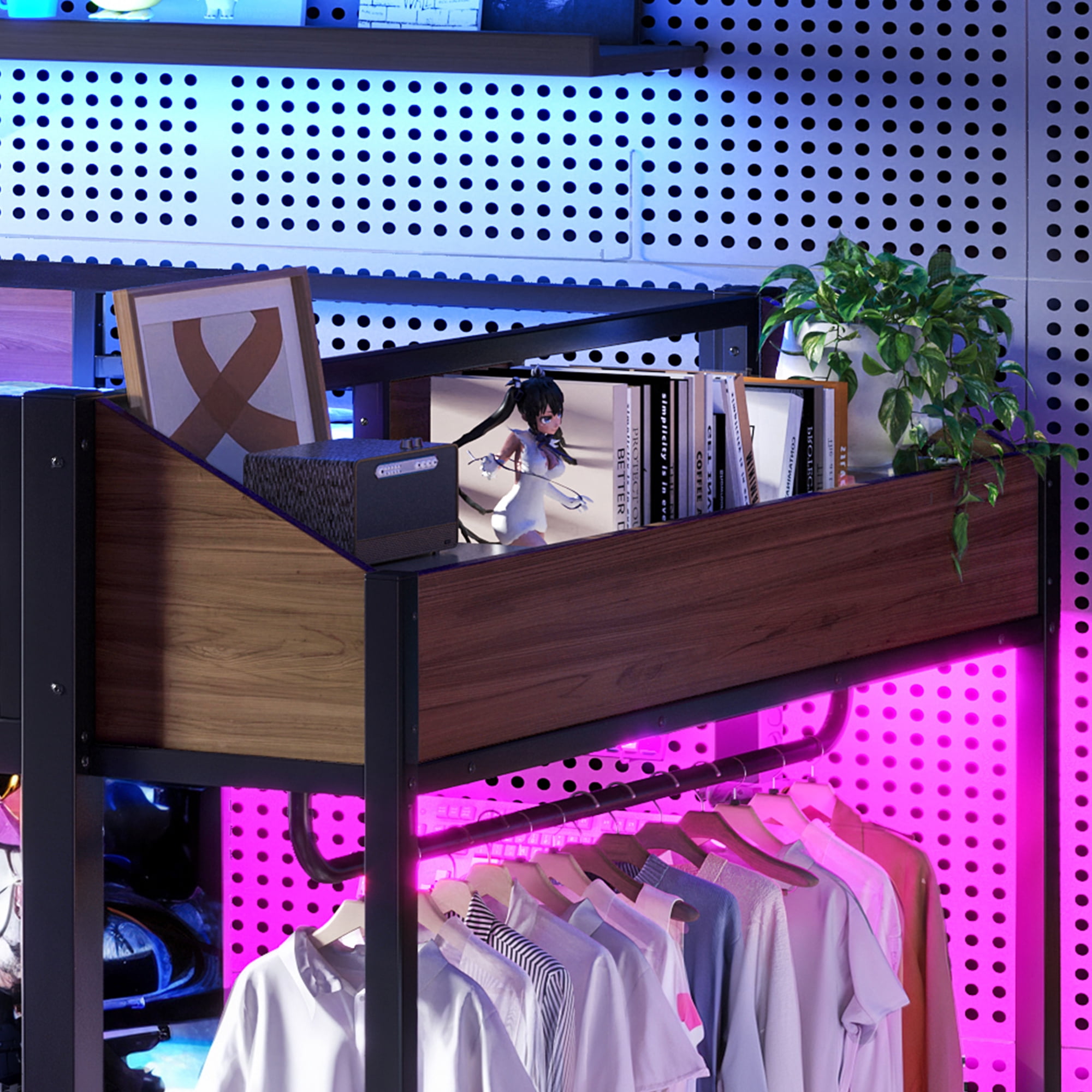 Mintazer Queen Metal Loft Bed with L-Shaped Desk & LED Light Strip, Loft Bed Frame with Charging Station and Clothes Hanging Rod & Storage Shelves for Teen Adult Small Apartment Dorm, Black & Walnut