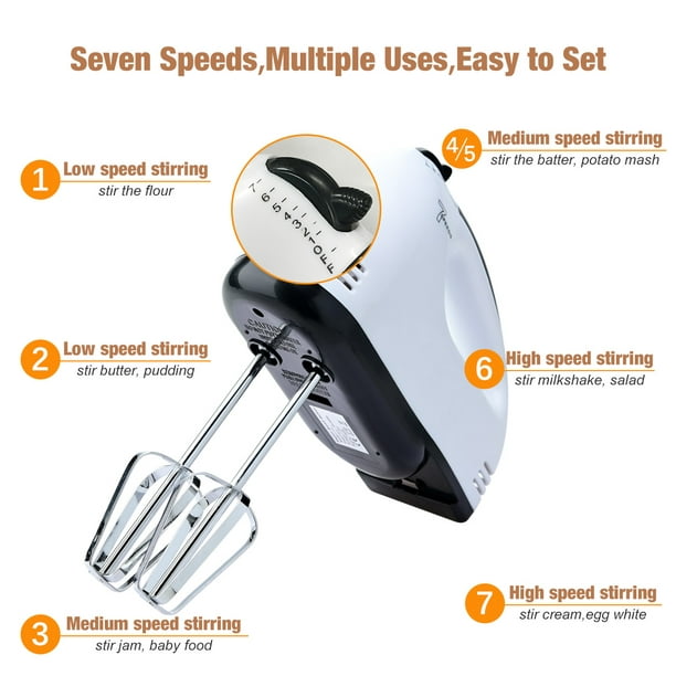 Kunde gaffel justering Hand Mixer Electric Lychee 7-Speed Egg Beater with Eject Button and 6  Attachments for Whipping Cream, Dough, Cakes, Bread Maker - Walmart.com