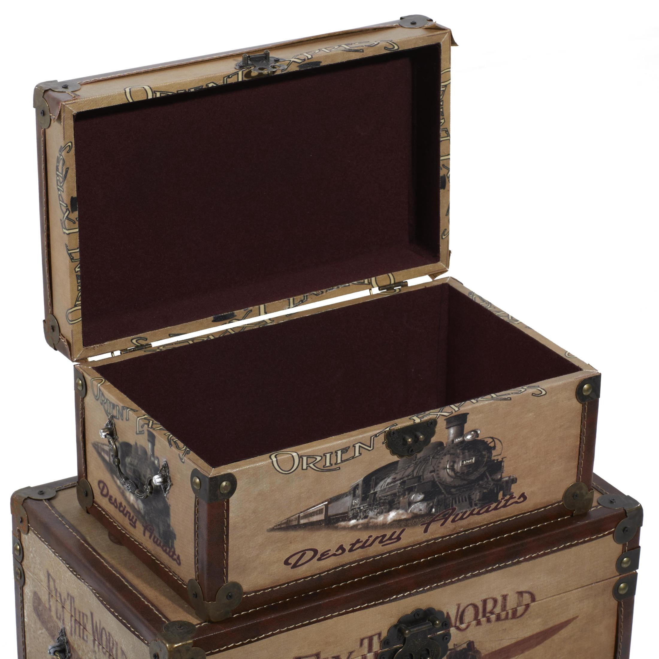 DecMode 12" x 5" Brown Faux Leather Vintage Train, Plane, Boat Transportation Trunk with Gold Hardware, 3-Pieces