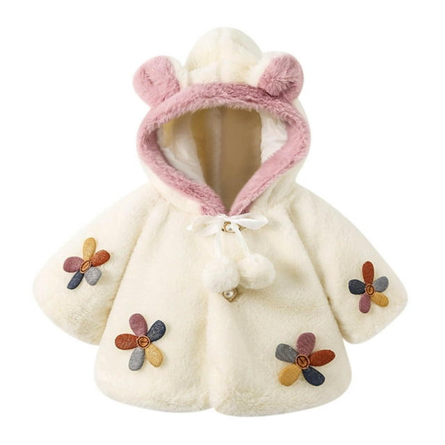 Abrigo De Invierno Para Niños Pequeños Chaquetas De Abrigo Para Niñas Color Sólido Felpa Flores Lindas Orejas De Conejo Sudadera Con Capucha Abrigo Grueso Capa Blanca Odeerbi LM103-3785