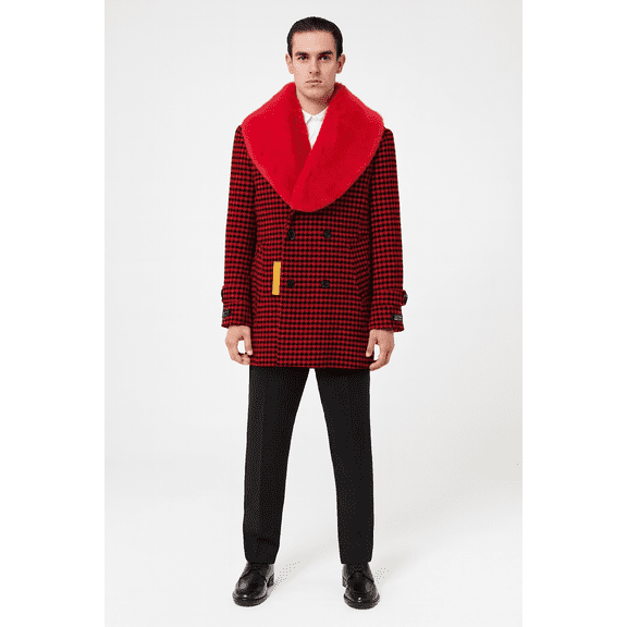 Men’s Red and Black Houndstooth Overcoat with Faux Fur Shawl Collar – Luxury Double-Breasted Winter Coat