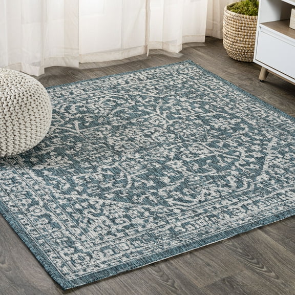 JONATHAN Y SANTA MONICA 5' Square Area Rug, Malta Bohemian Medallion Textured Weave - Teal/Gray, SMB104B-5SQ