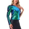 thumbnail image 4 of INSPIRAR CHIC Blusa de Mujer con Lentejuelas de Un Hombro, Manga Abullonada, para Fiesta de Cóctel, Brillante y Reluciente, Talla M Verde, 4 of 5