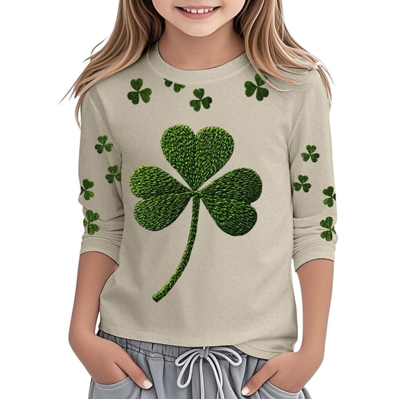 Girls St Patricks Day Print Three Quarter Sleeve Top For Kids Holiday Festive Party Wear Irish Green Pullover Hoodie 3-14Y