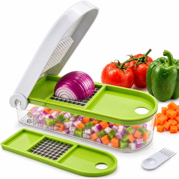 MICANO Vegetable Chopper and Dicer - Manual Food Chopper for Onion and Salad, 2 Interchangeable Stainless Steel Blades with 2-Cup Storage Container