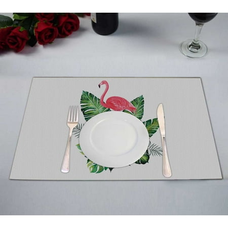 

PKQWTM Flamingo Tropic Bouquet Banana Palm Leaves Hibiscus Kitchen Dining Table Mats Placemats Size 12x18 Inches Set of 2 Pieces