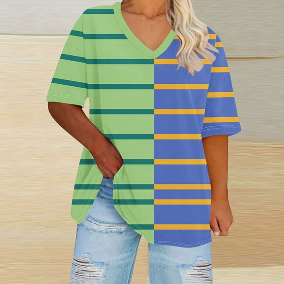 QUNYINEY Short Sleeve Women's T-Shirts Casual Striped V Neck Tops Loose Colorblock Pullover Plus Size T-Shirts