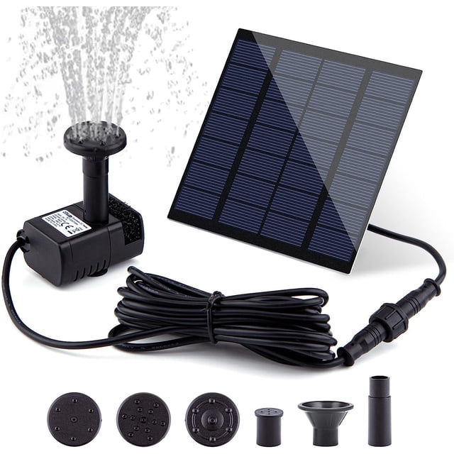 Kit de bomba de fuente solar con panel solar separado, bomba de agua solar mejorada de 1,5 W con cable de 3 m de largo y 4 boquillas para baño de pájaros, estanque al aire libre, (negro)