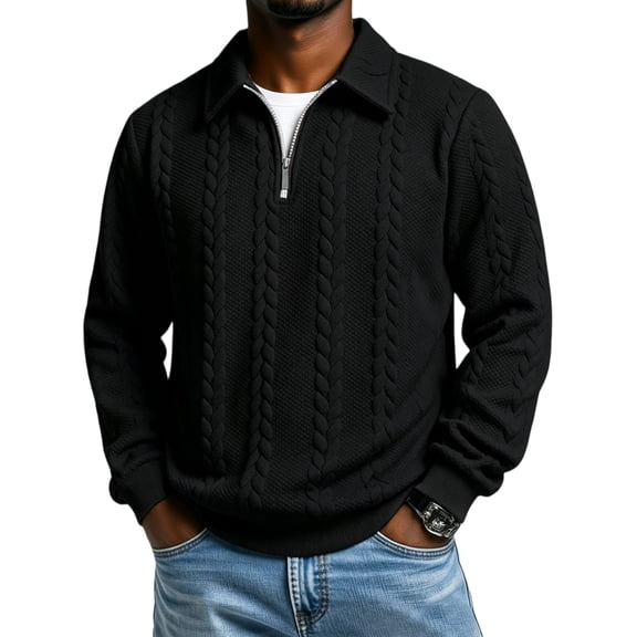 Havenx Mens Half Zip Knit Polo Shirt Cable Knit Lapel Collar Golf Sweater Long Sleeve Pullover Sweater 2026 Fall Winter Loose Lightweight Casual Tops,Black L