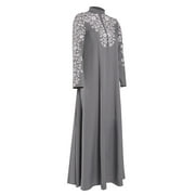JINMGG Clearance Dresses under $10.00 Women Muslim Dress Kaftan Arab Jilbab Abaya Islamic Lace Stitching Maxi Dress Gray M