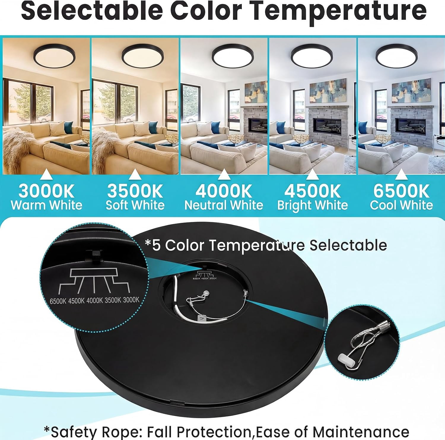 RGHJAR-7 inch Flush Mount LED Ceiling Light Fixture, 3000K-6500K Adjustable, 15W 1500lm Black Satin Round Ceiling Lamp for Bathroom Hallway Kitchen Bedroom, 1 Pack