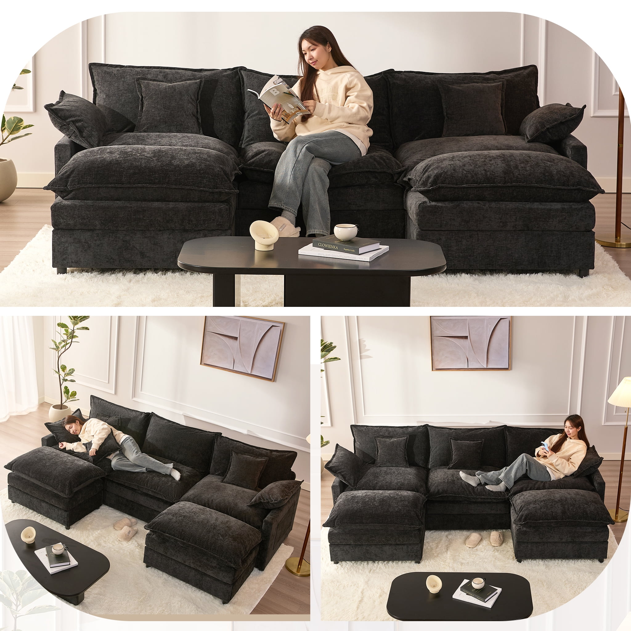 LAKPS 3-Seat Sectional Sofa Couch, Cloud-Style Deep Seating Sleeper Sofa with Included Throw Pillows, Chenille Fabric Upholstery, Modern Living Room Sofa, Black