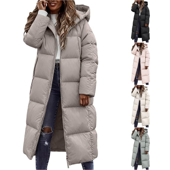 Unir Winter Jackets for Women, Womens Long Puffer Jacket with Fixed Hood, Knee‑Length Quilted Winter Outerwear, Zip‑Up Insulated Casual Coat, S‑XL