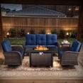 thumbnail image 5 of POCASSY 5PCS Outdoor Patio Furniture Set, Patio Furniture Set with Fire Pit Table Wicker Patio Couch Outdoor Swivel Chair and 43" Propane Firepit Table Rectangular, Brown Wicker & Blue Cushion, 5 of 23