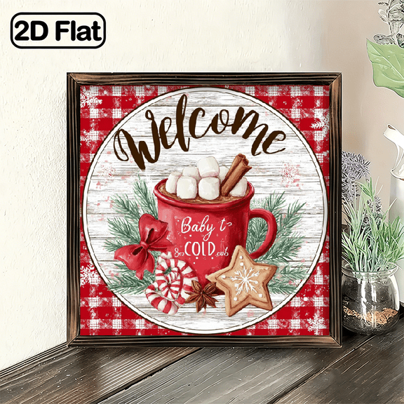 2D Flat, Retro Metal Tin Sign 8x8inch Welcome Baby is Cold Outside Christmas Sign - Christmas Wreath Sign - Door Hanger - Wreath Center Attachment Round Tin Sign Home Decoration