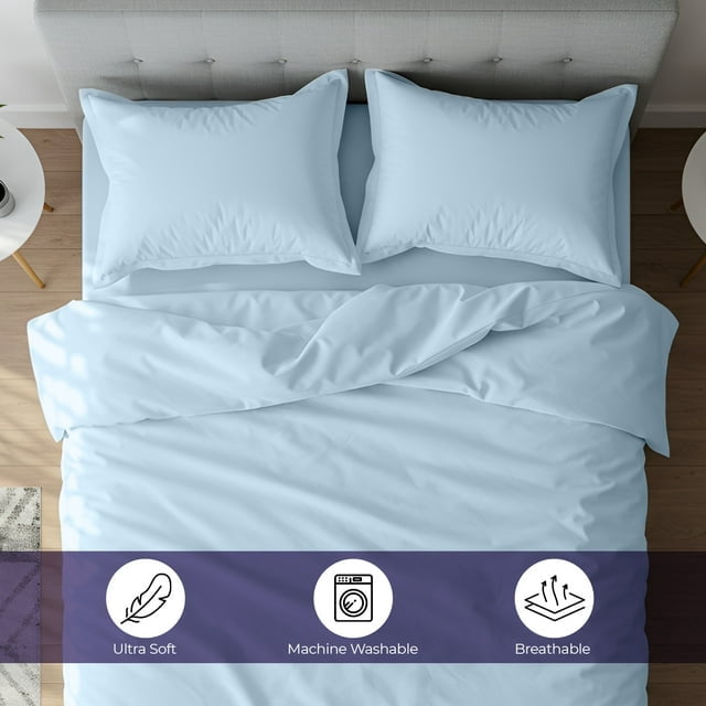 Beddora 3 Piece Duvet Cover Set, 100% Cotton Breathable Bedding Set, Soft Comforter Cover with 2 Pillow Shams, king - light blue