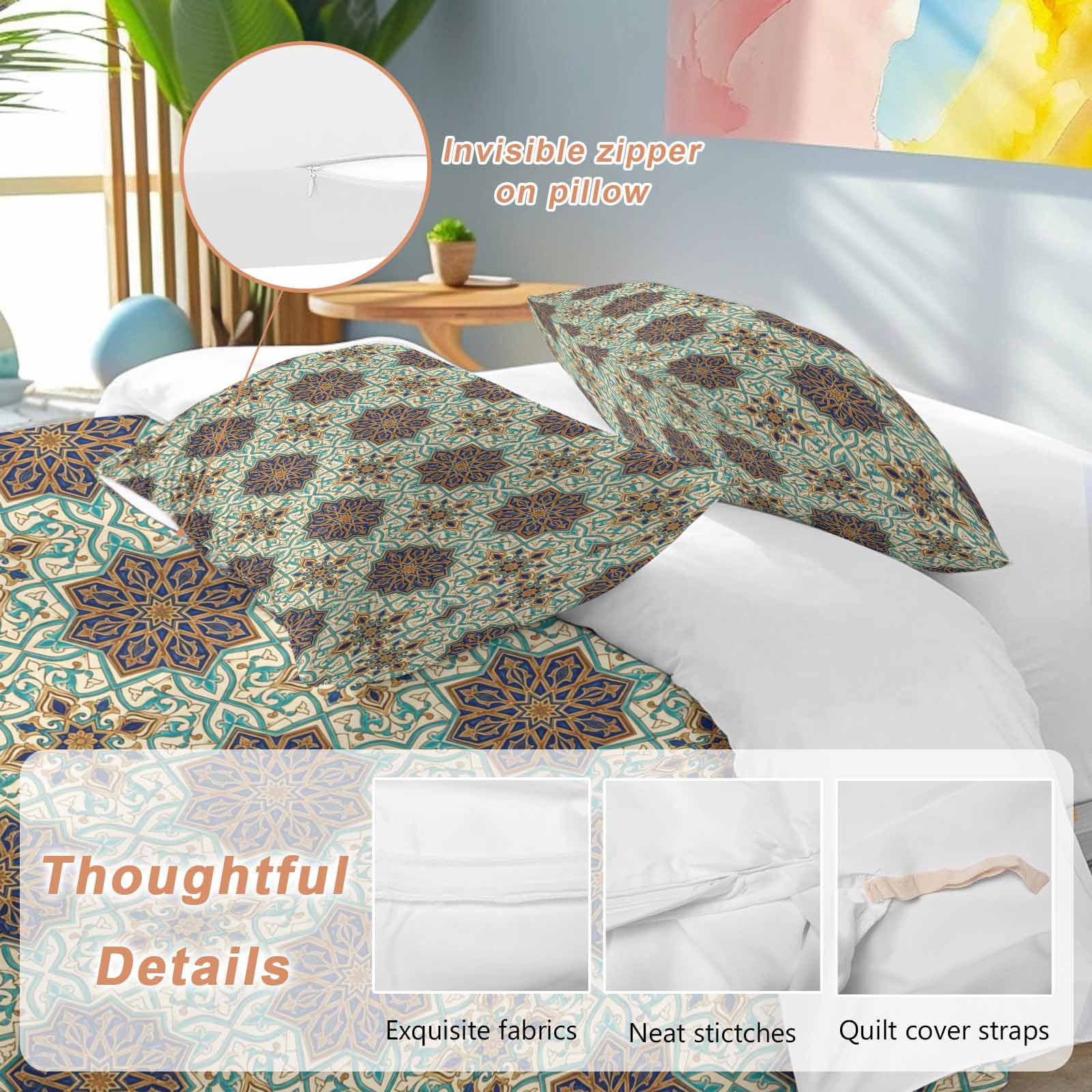 Mediterranean Bedding 3 Piece Duvet Cover Set Full Size, Vintage Morocco Abstract Pattern Brown Green Microfiber Comforter Cover with Zipper Closure & Pillowcases, Wrinkle & FadeResistant Quilt Cover